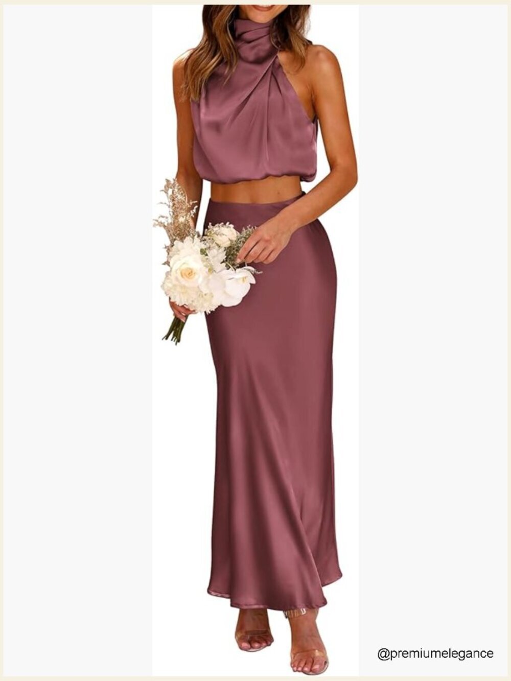 2 Piece Satin Outfits Mock Neck Crop Top and Long Skirt Dress Set